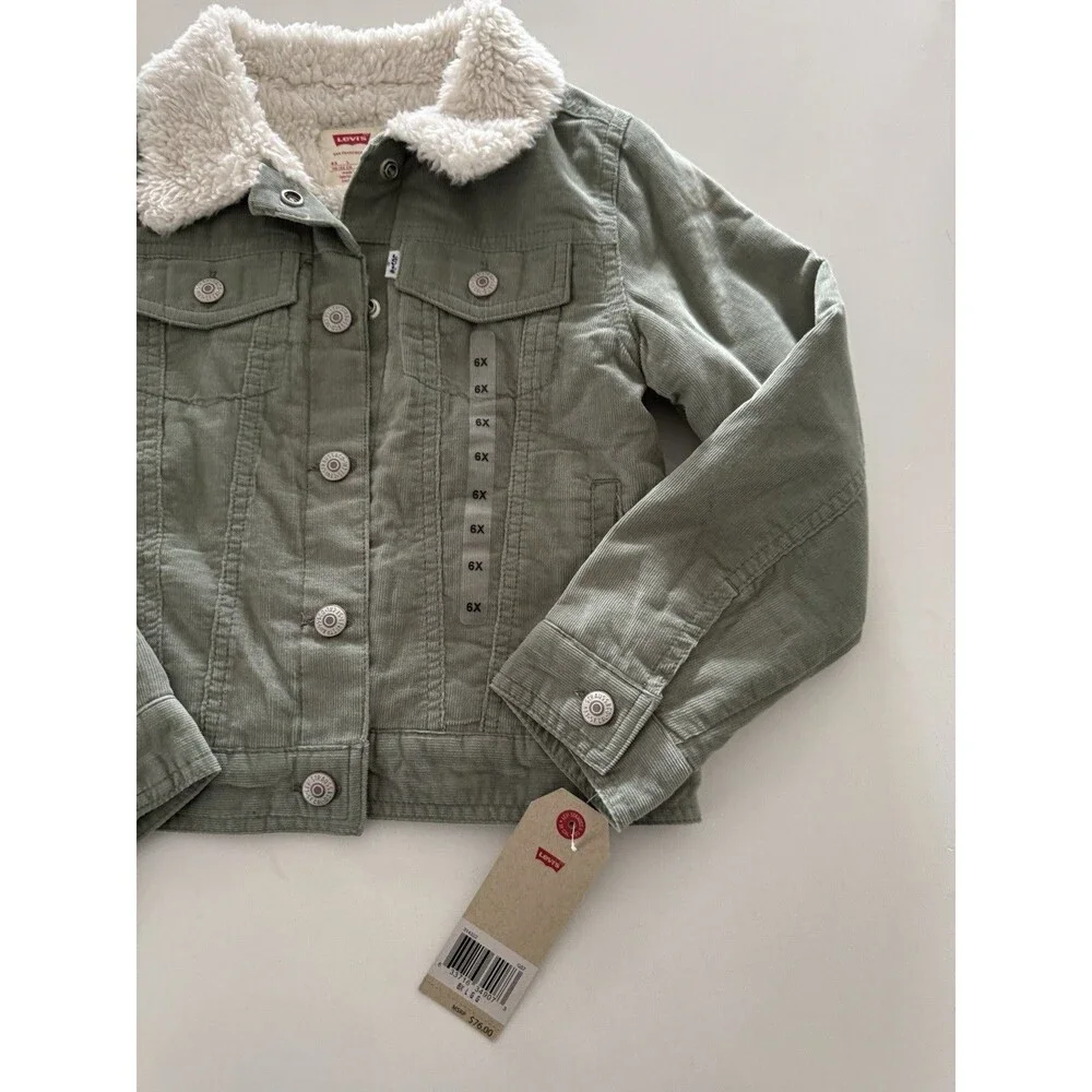 NEW Levis Girls Size 6-7 y Corduroy Trucker Jacket green Sherpa Lined warm cozy